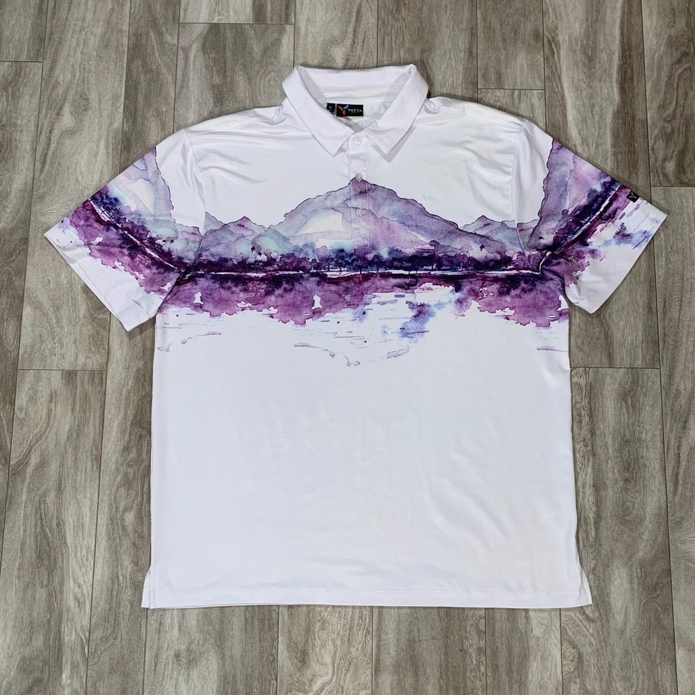 Yatta Golf Polo Shirt Mens Extra Large White Purple Mountains Golfer Outdoors‎
